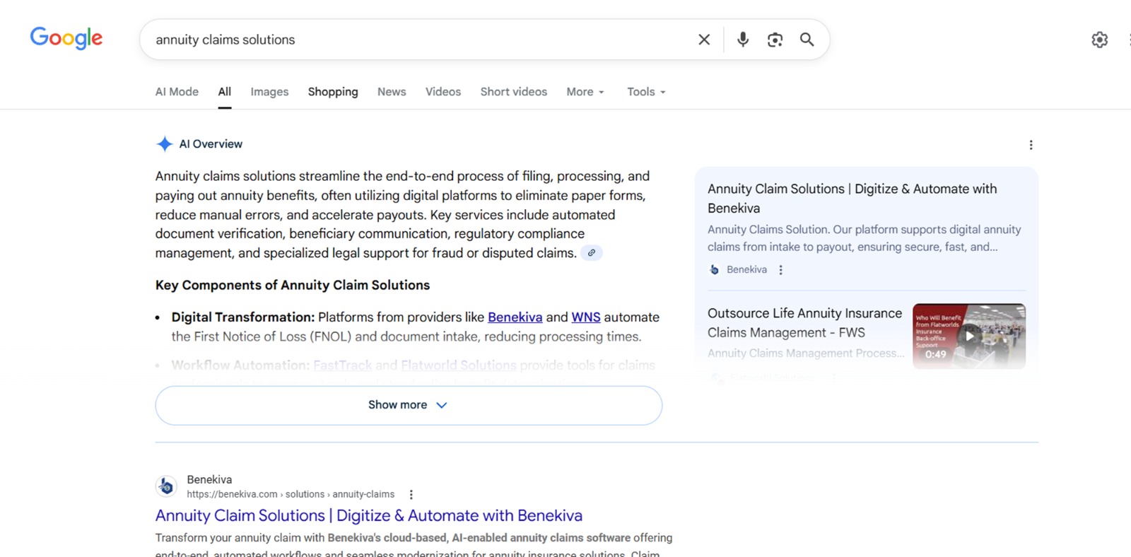 AEO win — Google AI Overview citing Benekiva for ‘annuity claims solutions’.