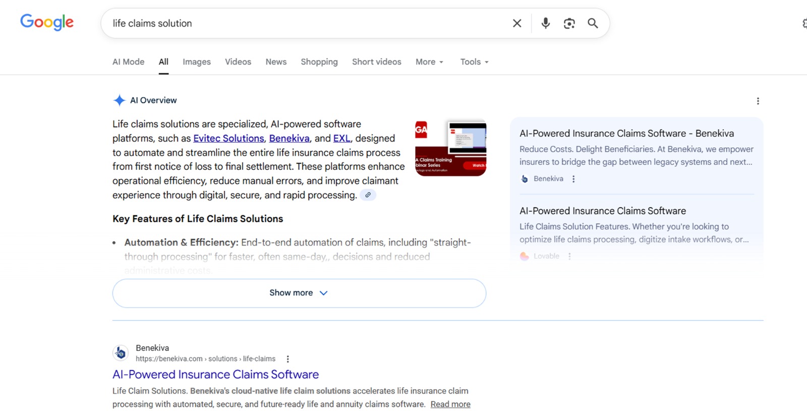 SEO + AEO — top results & AI Overview for ‘life claims solution’.